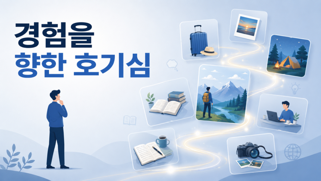 다양한 사람들의 경험을 상징하는 장면 카드들을 바라보며 새로운 정보를 탐색하는 모습을 표현한 일러스트 이미지