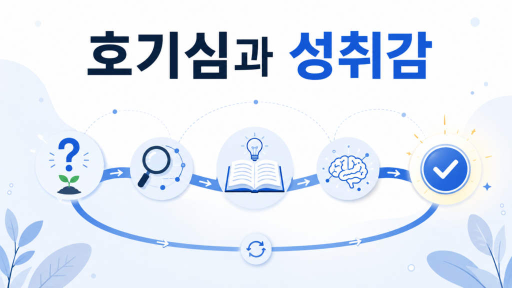 호기심에서 탐색과 이해를 거쳐 성취감으로 이어지는 과정을 시각적으로 표현한 인포그래픽 이미지