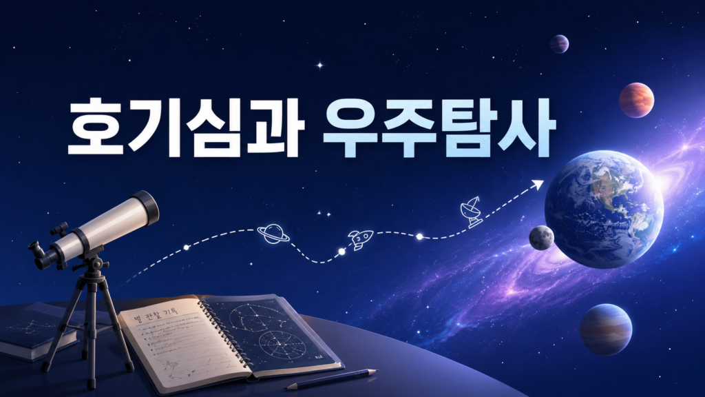 망원경과 우주 공간, 행성들을 배경으로 인간의 호기심과 외계 생명체 탐색을 상징적으로 표현한 이미지