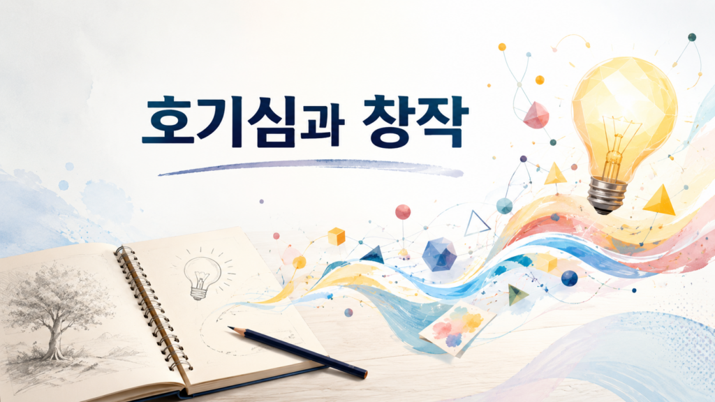 열린 스케치북과 추상적인 빛의 형태를 통해 인간의 호기심이 예술 창작으로 이어지는 과정을 표현한 이미지