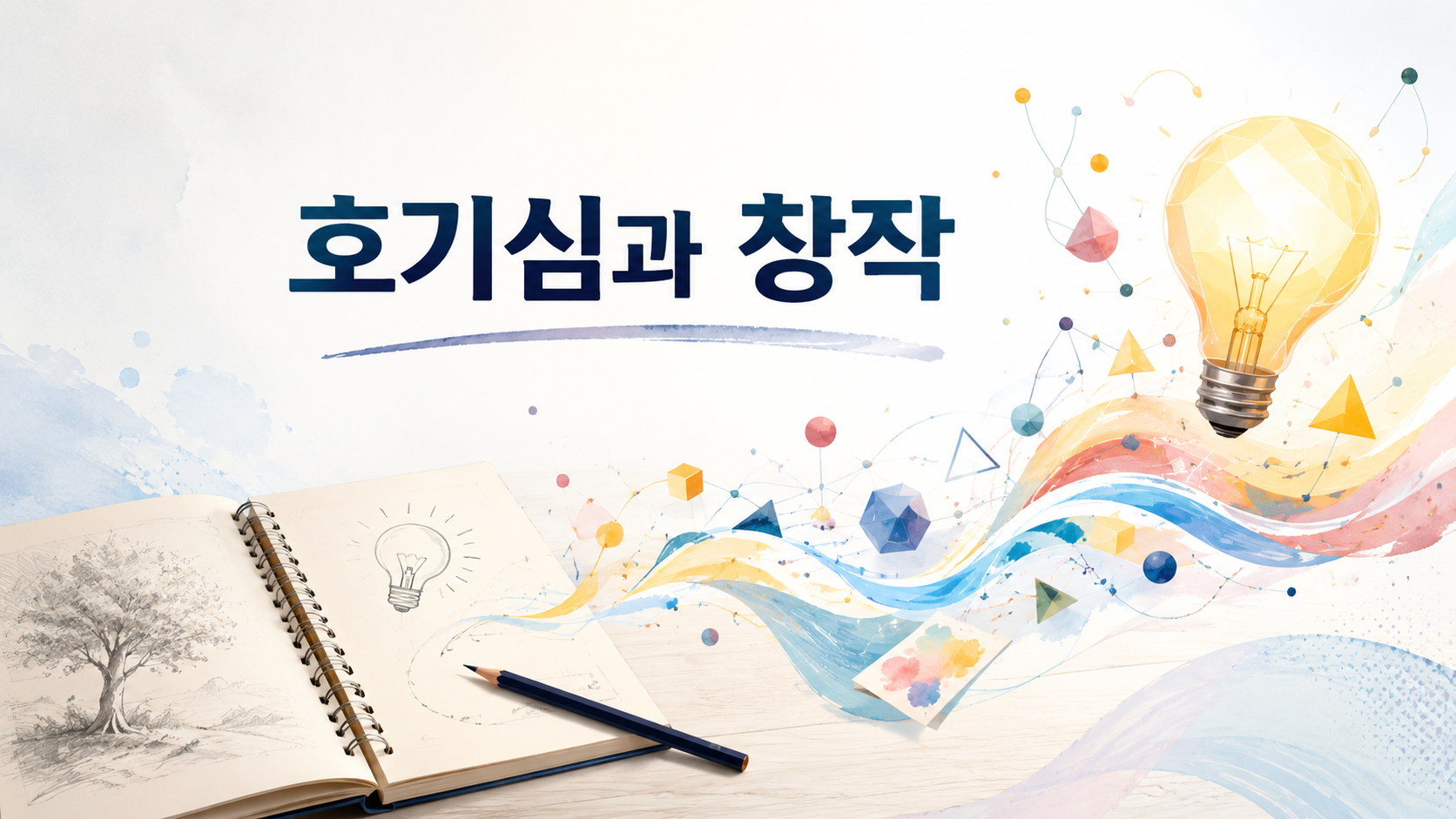 열린 스케치북과 추상적인 빛의 형태를 통해 인간의 호기심이 예술 창작으로 이어지는 과정을 표현한 이미지