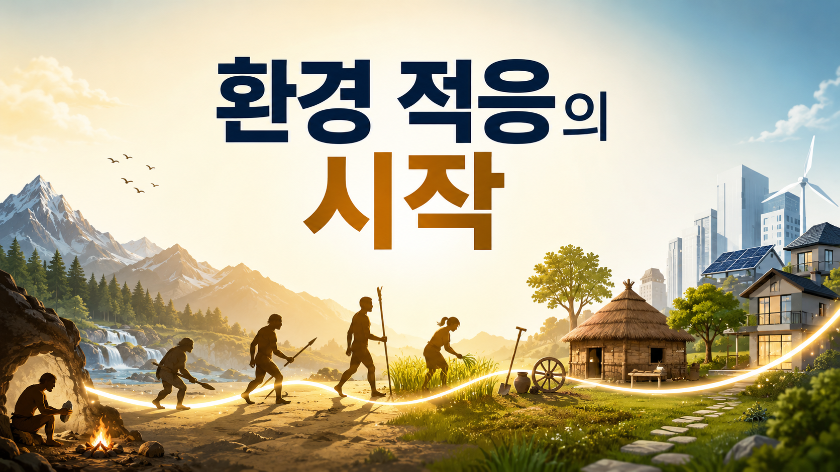 자연환경에서 현대 생활 환경으로 이어지는 변화 속에서 인간의 호기심과 환경 적응 과정을 상징적으로 표현한 대표 이미지