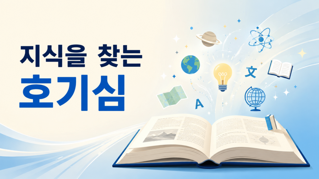 펼쳐진 백과사전 위로 다양한 지식 상징이 떠오르며 인간의 호기심과 정보 탐색 과정을 표현한 이미지