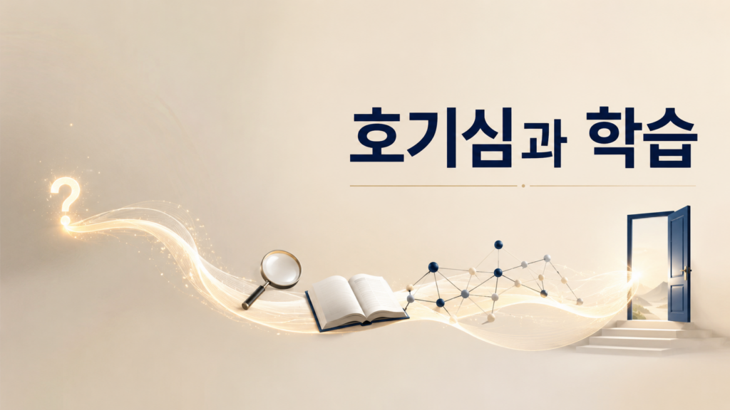 호기심이 지식 탐구와 학습 과정으로 확장되는 흐름을 상징적으로 표현한 교육 주제 이미지