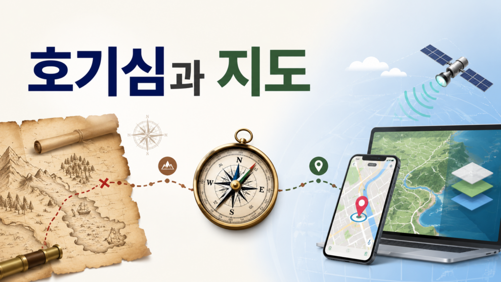 고대 지도에서 현대 디지털 지도로 발전하는 과정을 나침반과 함께 표현한 인간의 호기심과 지도 제작 기술 대표 이미지