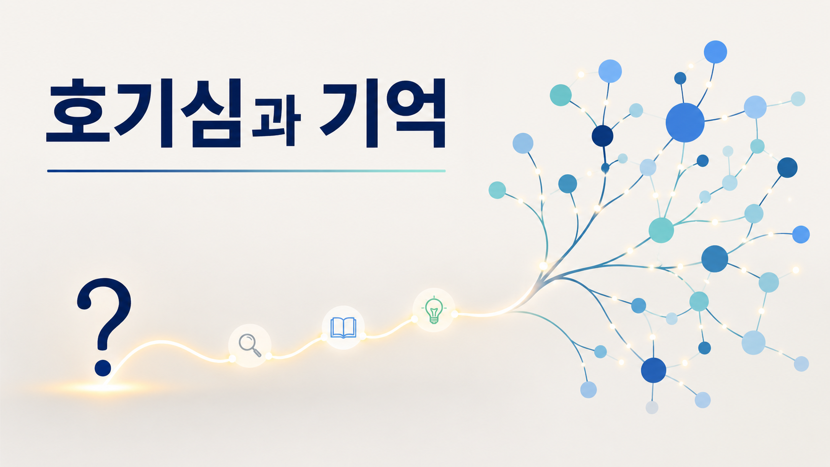 물음표에서 시작된 연결선이 기억 네트워크로 확장되는 모습을 통해 호기심과 장기 기억 형성 과정을 표현한 이미지