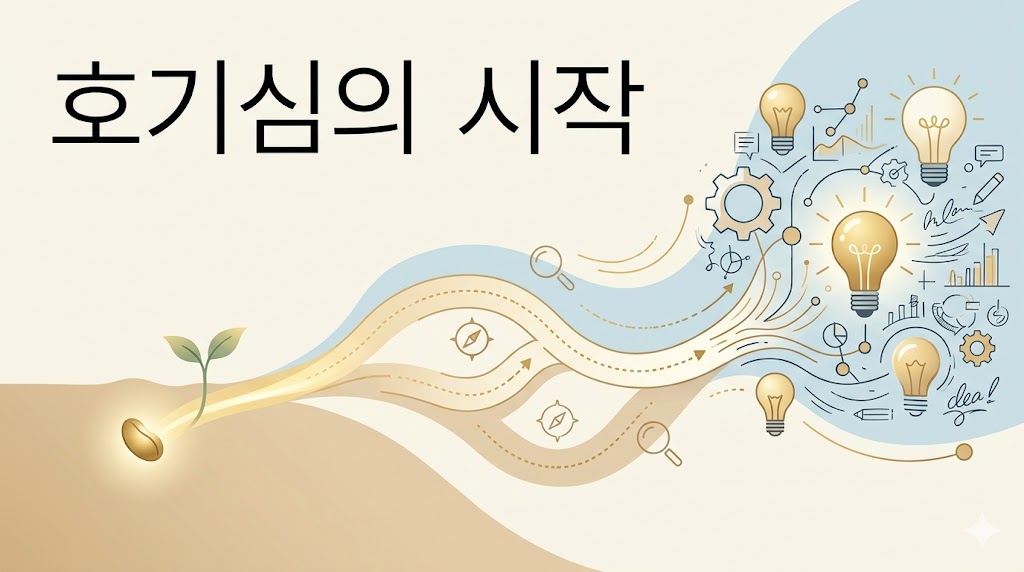 씨앗에서 시작된 빛의 흐름이 창의적인 아이디어로 이어지는 과정을 상징적으로 표현한 이미지