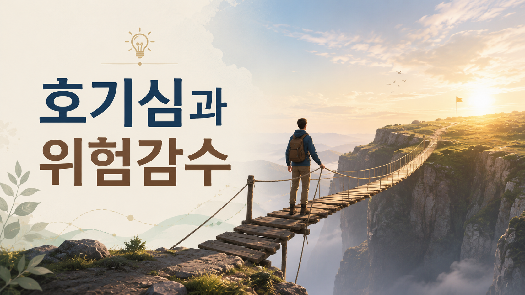 절벽 사이의 흔들다리 앞에서 미지의 길을 바라보는 인물과 함께 인간의 호기심과 위험 감수 행동을 상징적으로 표현한 이미지