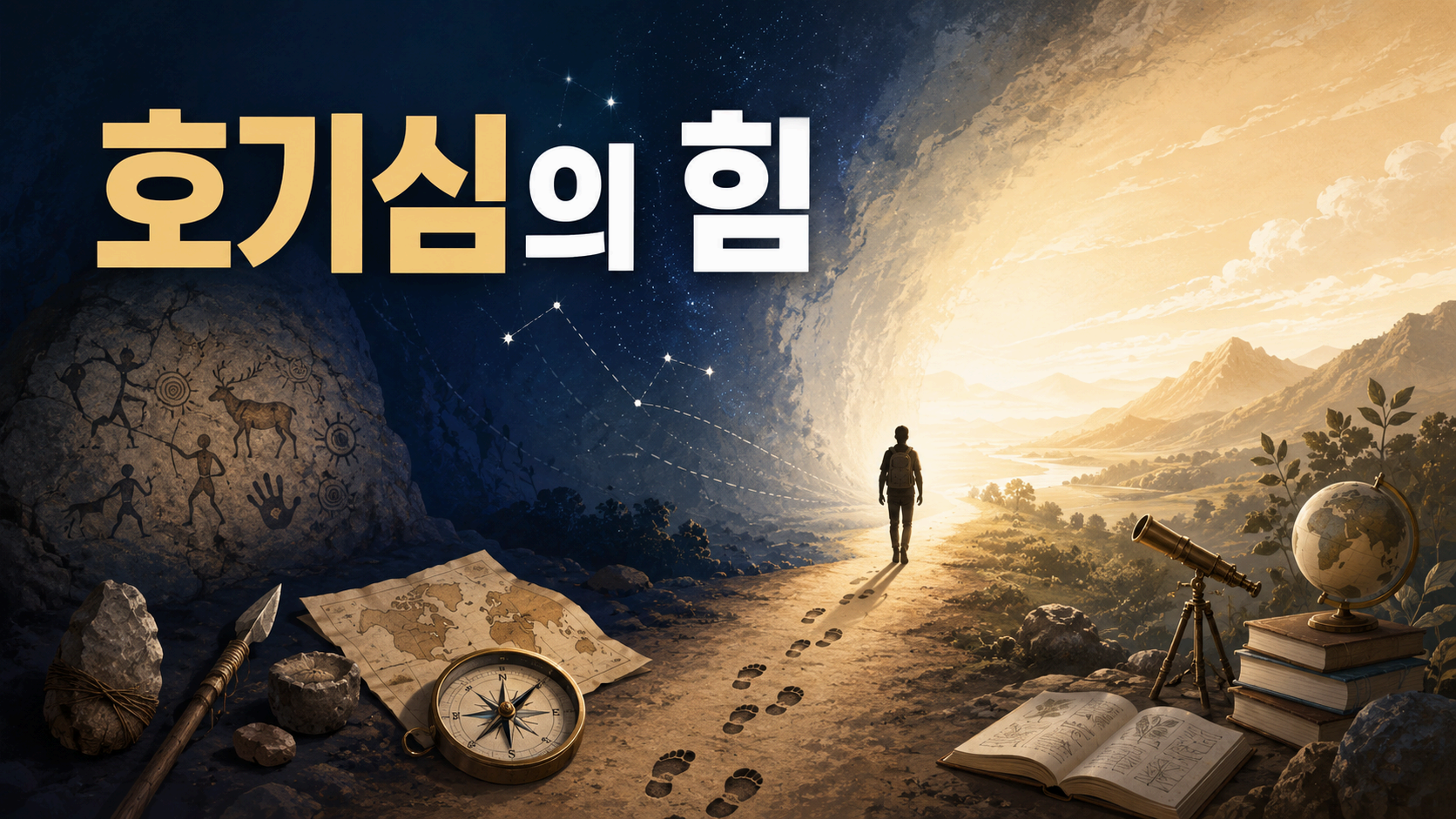빛이 비치는 길을 따라 나아가는 인간 실루엣과 탐험 도구들이 배치된 호기심과 탐구 정신을 상징하는 대표 이미지