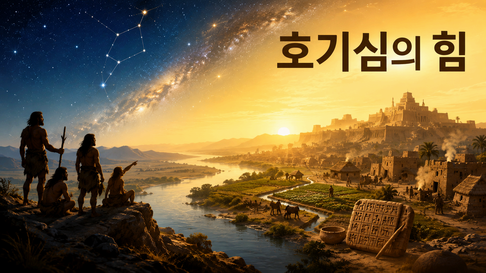 별과 강을 관찰하는 초기 인류의 모습에서 농경지와 도시로 이어지는 문명 발전 과정을 상징적으로 표현한 이미지
