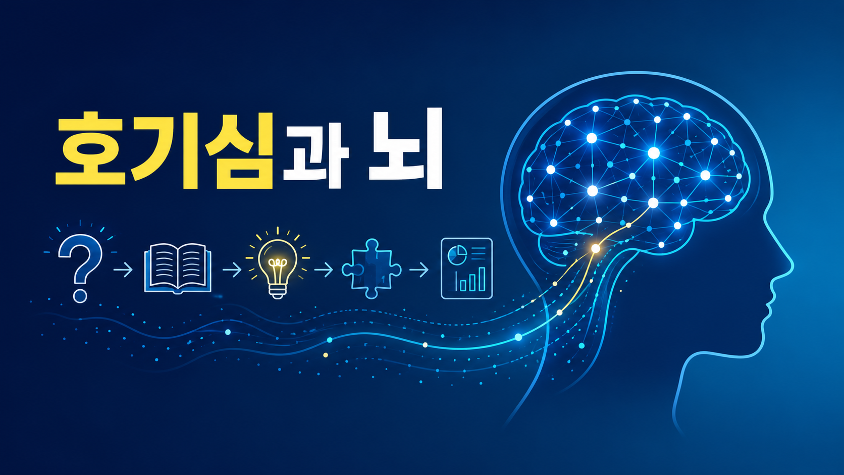 사람의 머리 실루엣과 연결된 신경망 그래픽을 통해 호기심과 뇌의 정보 처리 과정을 상징적으로 표현한 대표 이미지