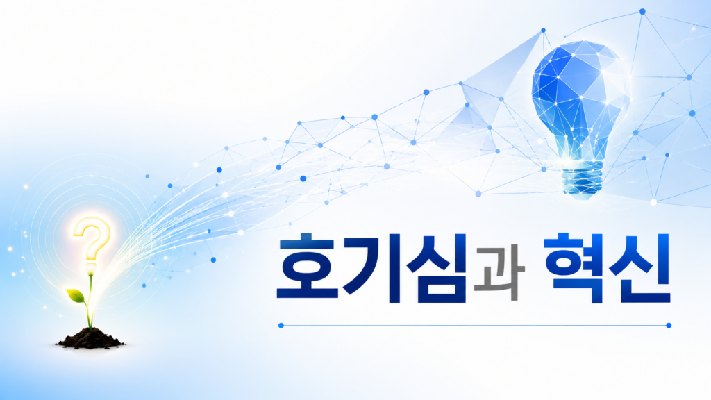 호기심을 상징하는 물음표 형태의 빛이 아이디어 네트워크로 확장되며 혁신적 사고를 표현한 대표 이미지