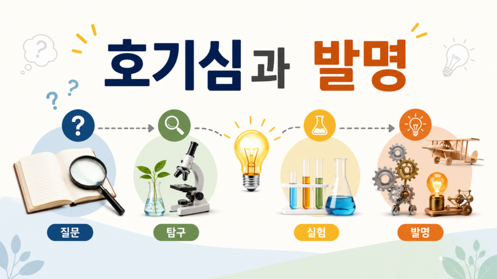 질문과 탐구 과정을 거쳐 발명으로 이어지는 흐름을 도식적으로 표현한 교육용 이미지