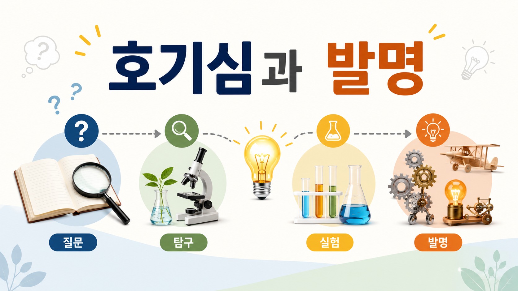 질문과 탐구 과정을 거쳐 발명으로 이어지는 흐름을 도식적으로 표현한 교육용 이미지