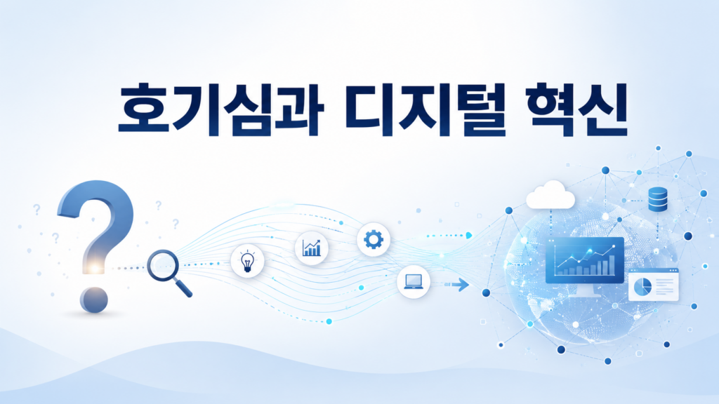 물음표에서 시작된 탐구가 디지털 네트워크로 연결되는 과정을 표현한 정보성 대표 이미지