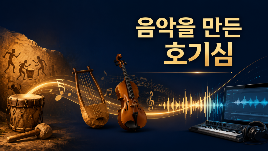 원시 악기부터 현대 디지털 음악까지 이어지는 발전 과정을 통해 인간의 호기심과 음악의 진화를 표현한 대표 이미지