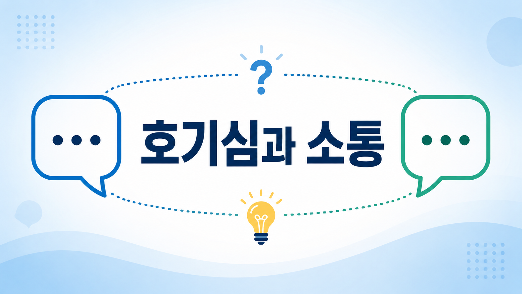말풍선과 물음표를 활용해 호기심이 사람 사이의 소통을 연결하는 과정을 표현한 대표 이미지