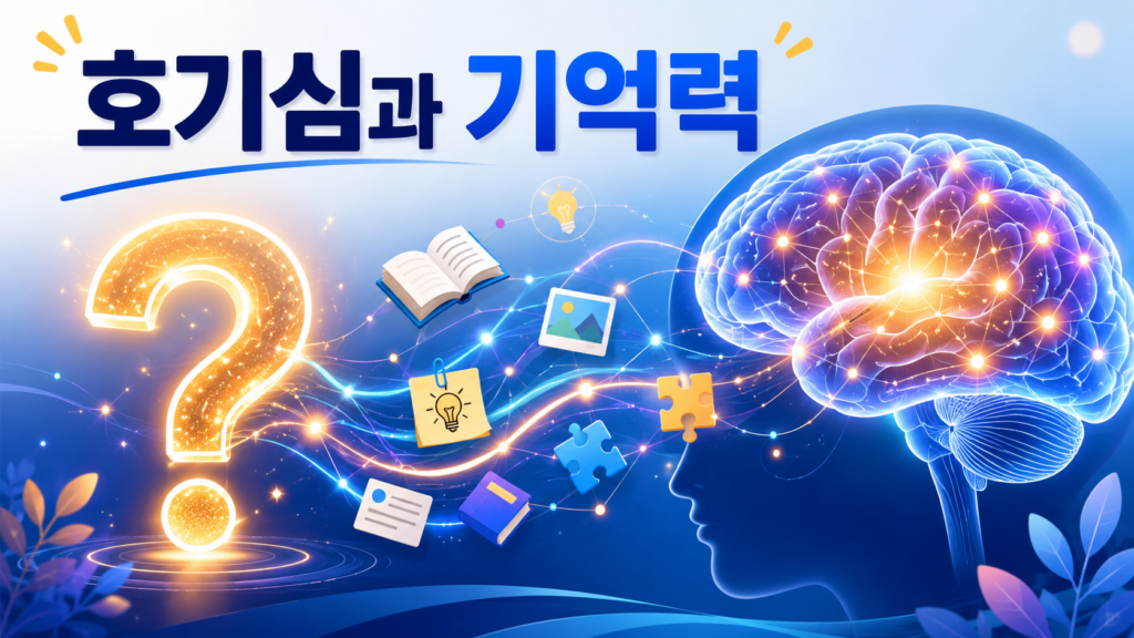 호기심을 상징하는 물음표에서 시작된 빛이 인간의 뇌와 연결되며 기억 형성 과정을 표현한 이미지