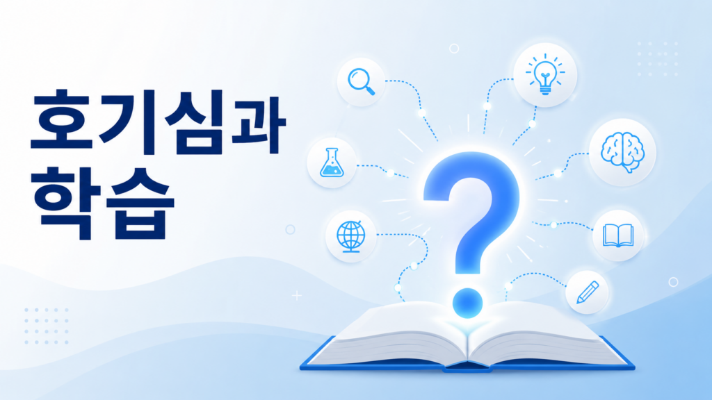 물음표에서 여러 지식 요소가 연결되며 호기심이 학습으로 이어지는 과정을 표현한 정보성 대표 이미지
