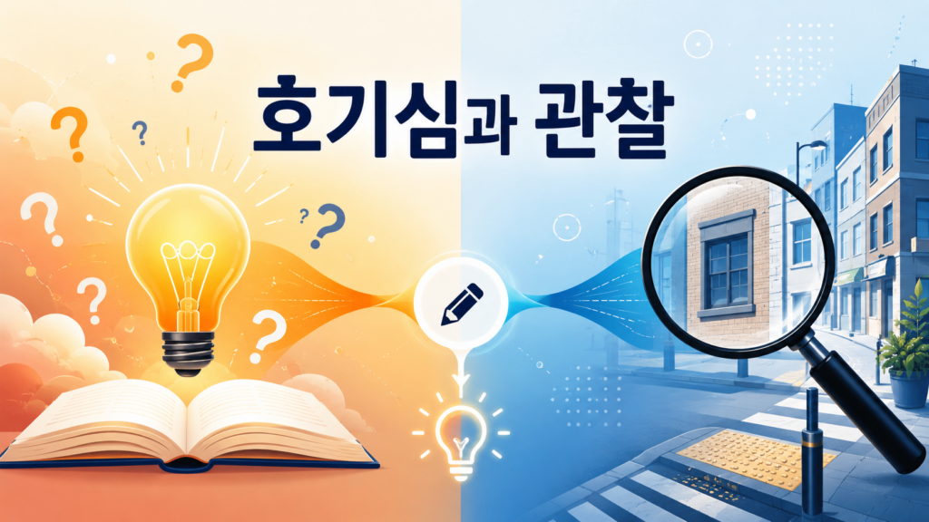 호기심을 상징하는 요소와 관찰을 상징하는 확대 장면이 대비되어 창작으로 이어지는 과정을 보여주는 비교형 인포그래픽 이미지