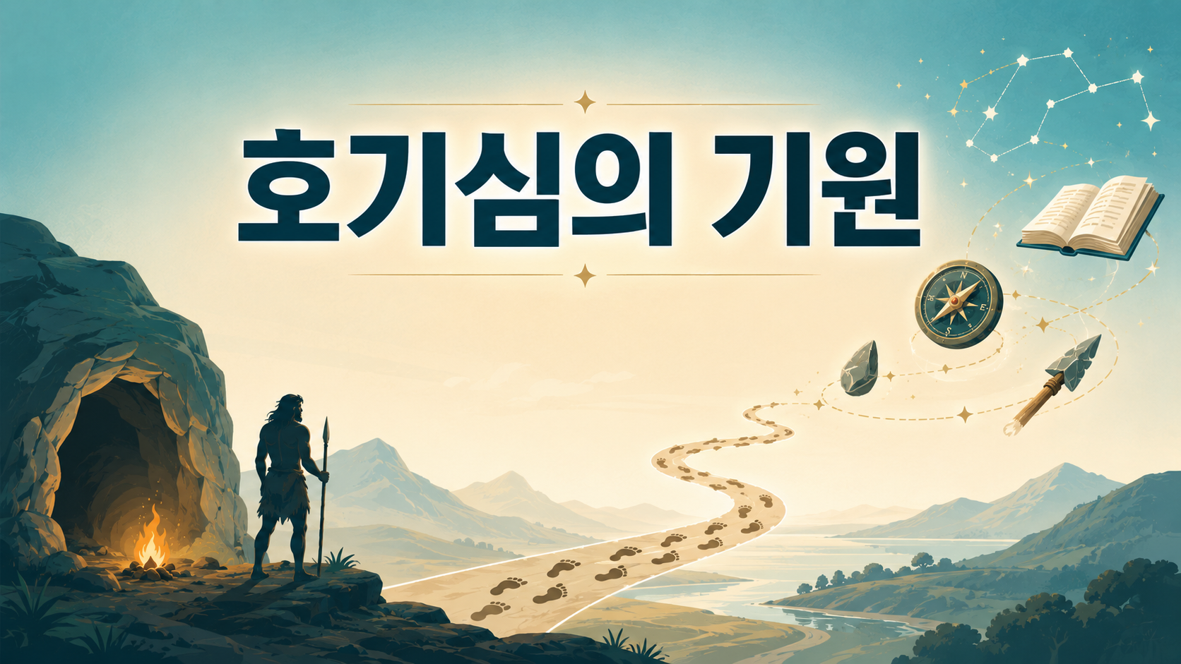 동굴에서 출발한 인류의 탐색과 지식 축적 과정을 상징적으로 표현한 호기심의 기원 대표 이미지