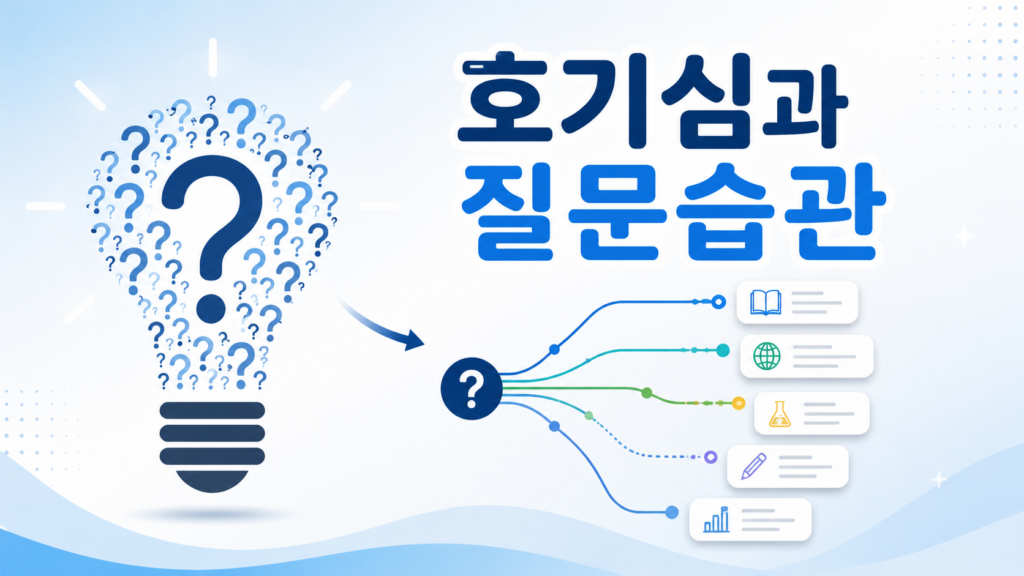 물음표와 전구 형태의 그래픽을 통해 호기심이 질문과 학습으로 이어지는 과정을 표현한 정보성 대표 이미지