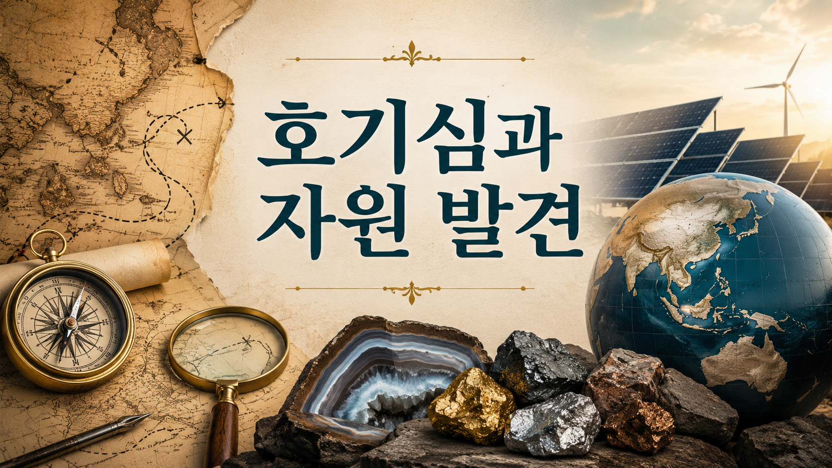 고대 지도와 광물, 에너지 자원을 상징하는 요소들이 함께 배치되어 인간의 호기심과 자원 발견의 역사를 표현한 이미지