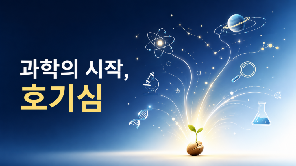 빛나는 씨앗에서 과학 관련 상징들이 펼쳐지며 인간의 호기심이 과학 발전으로 이어지는 과정을 표현한 이미지