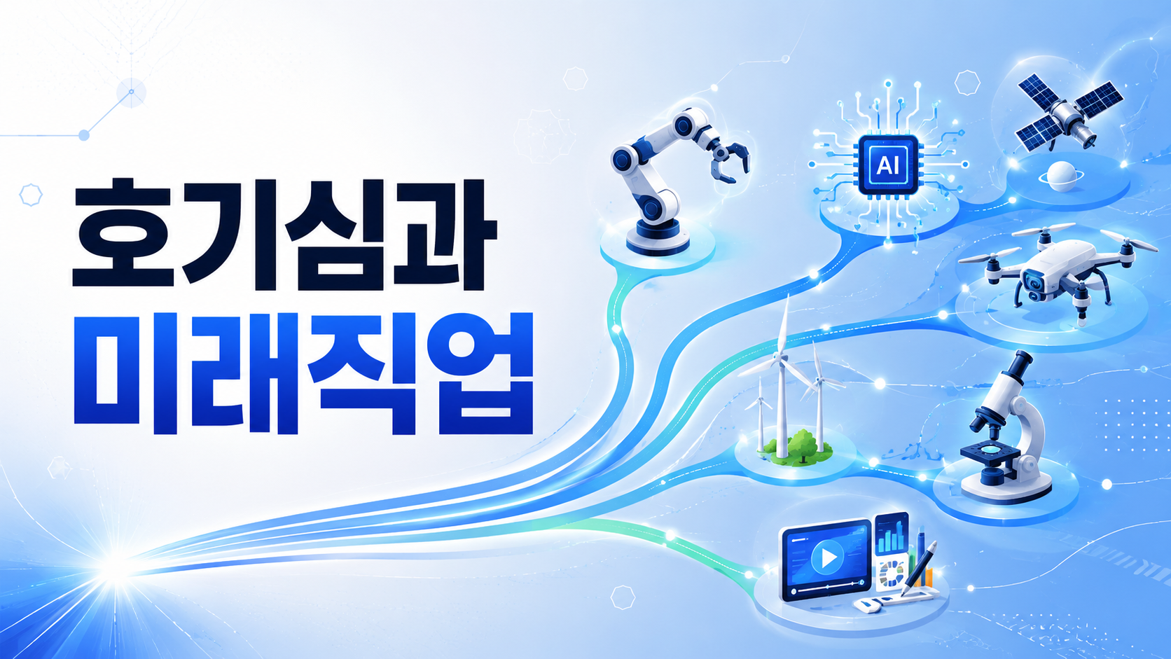 미래 기술을 상징하는 다양한 오브젝트와 빛의 흐름이 연결되어 인간의 호기심이 미래 직업의 변화를 이끄는 모습을 표현한 대표 이미지