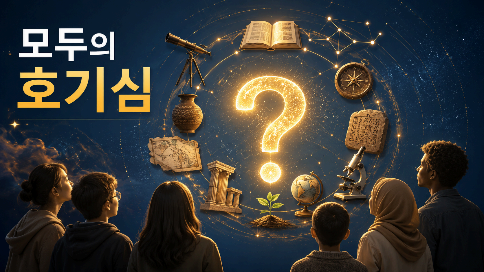 여러 문화와 시대를 상징하는 요소들이 빛나는 물음표 주변에 연결되어 인간의 공통된 호기심을 표현한 이미지