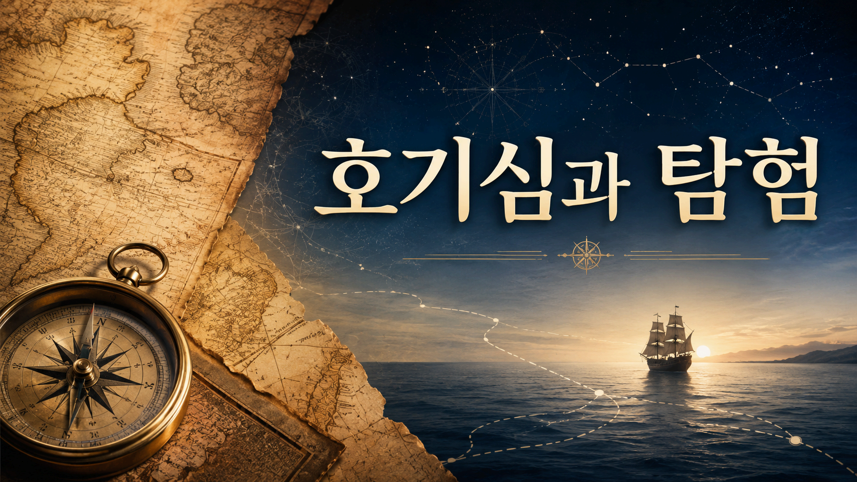 고대 지도와 나침반, 항해 경로를 배경으로 인간의 호기심과 탐험 정신을 상징적으로 표현한 대표 이미지