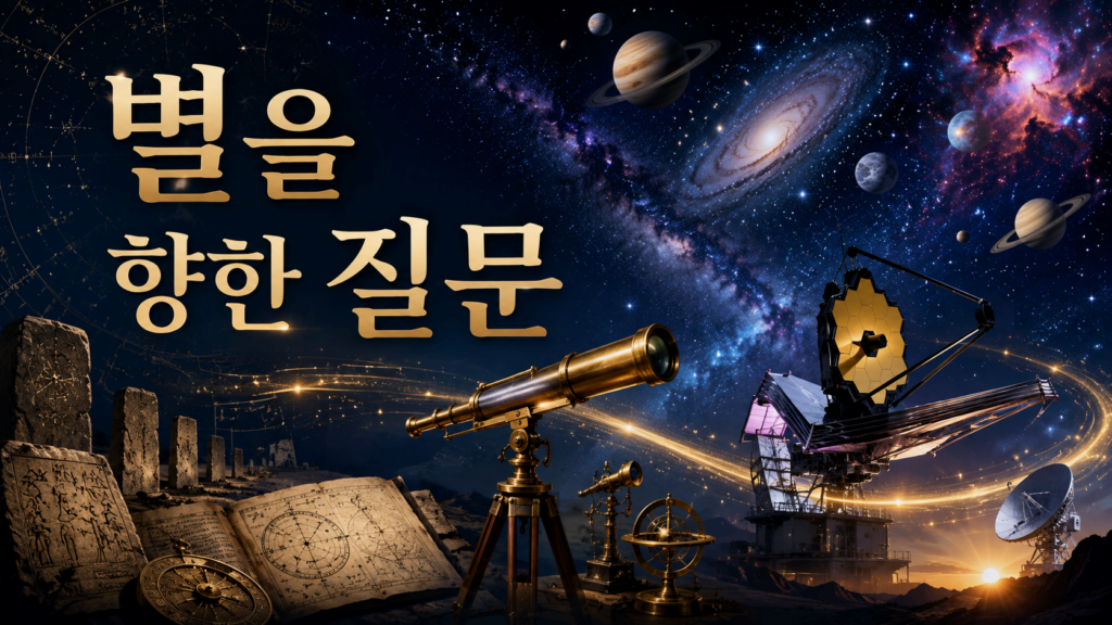 고대 천문 관측부터 현대 우주 탐사까지 이어지는 천문학 발전의 역사를 표현한 대표 이미지