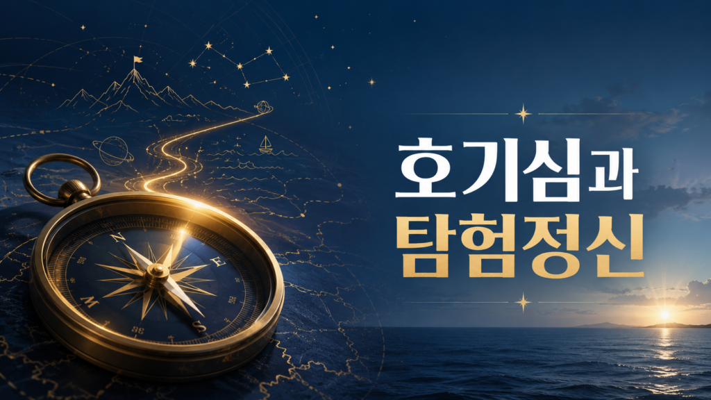 넓은 바다와 나침반, 별자리와 탐험 경로를 배경으로 인간의 호기심이 탐험 정신으로 이어지는 과정을 상징적으로 표현한 이미지
