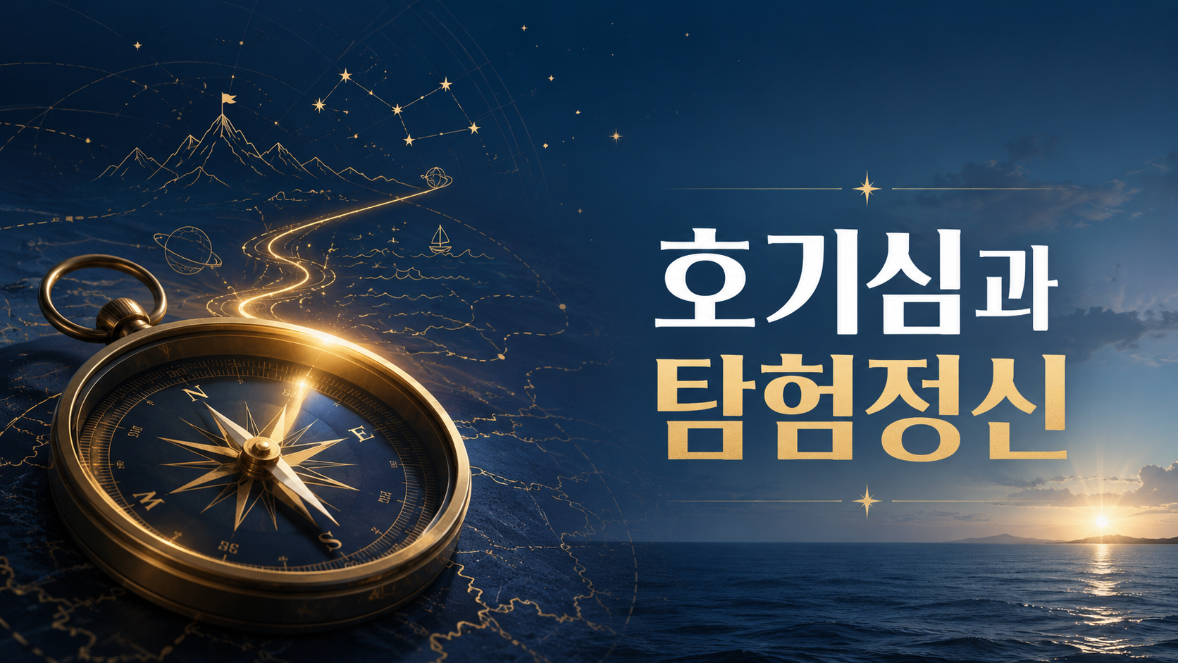 넓은 바다와 나침반, 별자리와 탐험 경로를 배경으로 인간의 호기심이 탐험 정신으로 이어지는 과정을 상징적으로 표현한 이미지