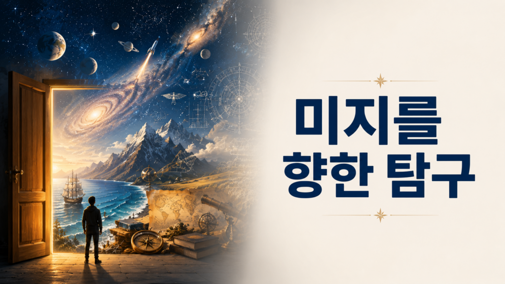열린 문 너머로 우주와 산맥, 바다, 고대 지도와 과학 도면이 펼쳐지고 작은 인물이 미지의 세계를 바라보는 모습의 이미지