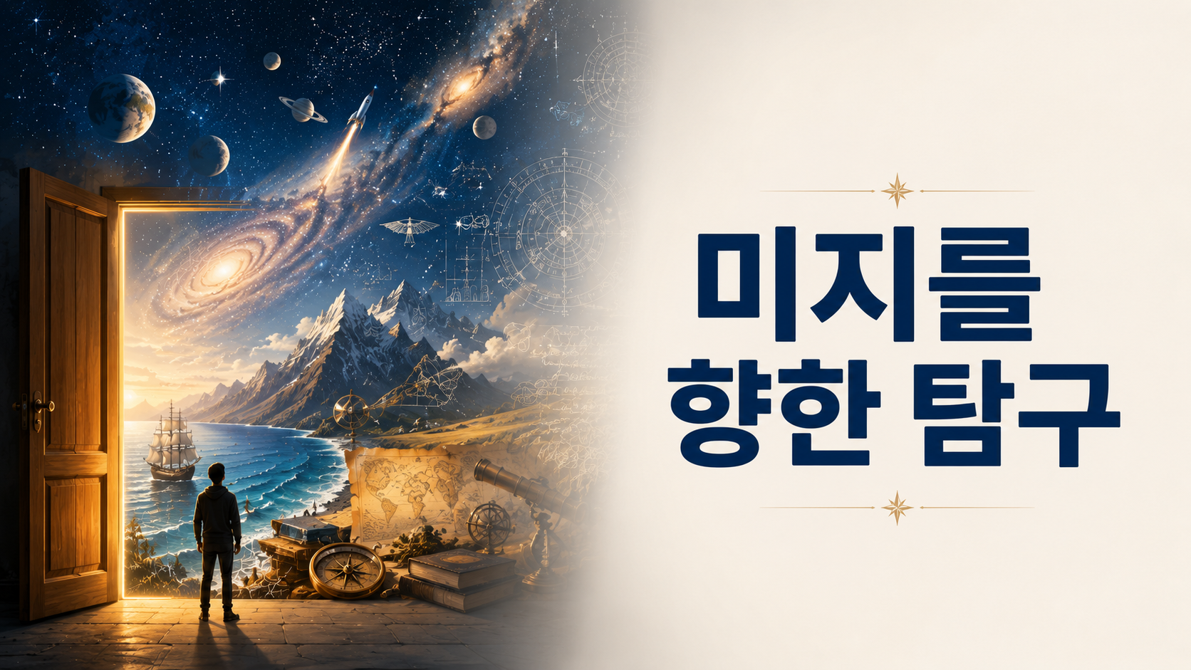 열린 문 너머로 우주와 산맥, 바다, 고대 지도와 과학 도면이 펼쳐지고 작은 인물이 미지의 세계를 바라보는 모습의 이미지