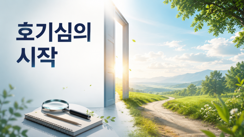 빛이 비치는 길과 돋보기, 노트를 통해 인간의 호기심과 탐구 정신을 표현한 정보성 대표 이미지