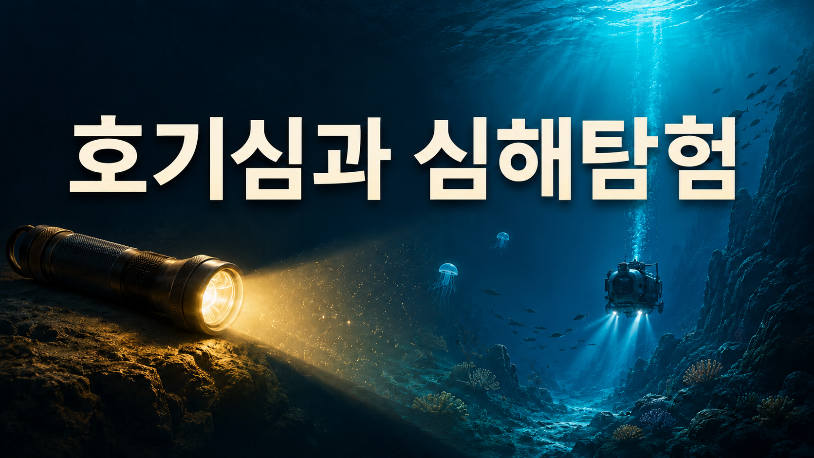 어두운 심해를 비추는 빛과 탐사 장비를 통해 인간의 호기심과 탐험 정신을 상징적으로 표현한 이미지