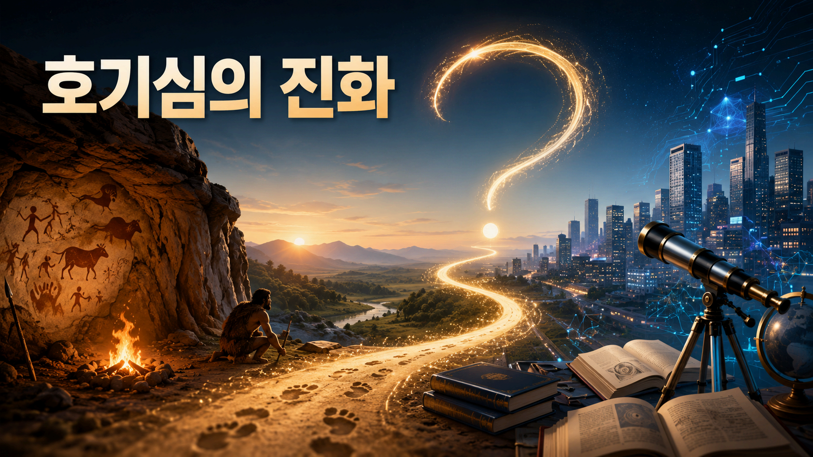 원시 시대의 탐색 활동에서 현대 과학기술 발전까지 이어지는 인간의 호기심을 상징적으로 표현한 대표 이미지