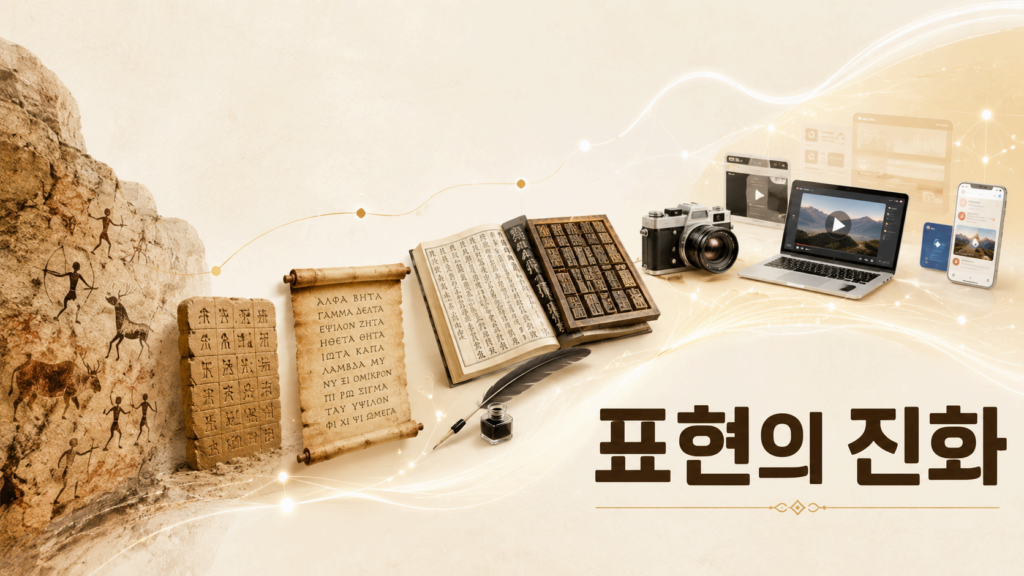 동굴 벽화부터 디지털 콘텐츠까지 이어지는 인류의 표현 방식 변화를 시각적으로 나타낸 이미지