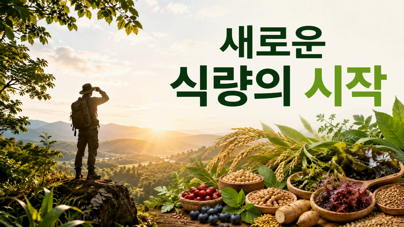 숲과 다양한 식량 자원을 배경으로 인간의 탐구 정신과 새로운 식량 발견 과정을 상징적으로 표현한 이미지