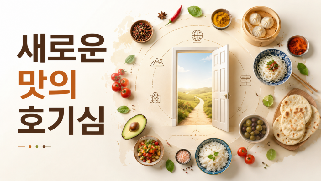 다양한 음식 요소와 탐험을 상징하는 그래픽이 배치된 배경 위에 '새로운 맛의 호기심'이라는 문구가 표시된 대표 이미지