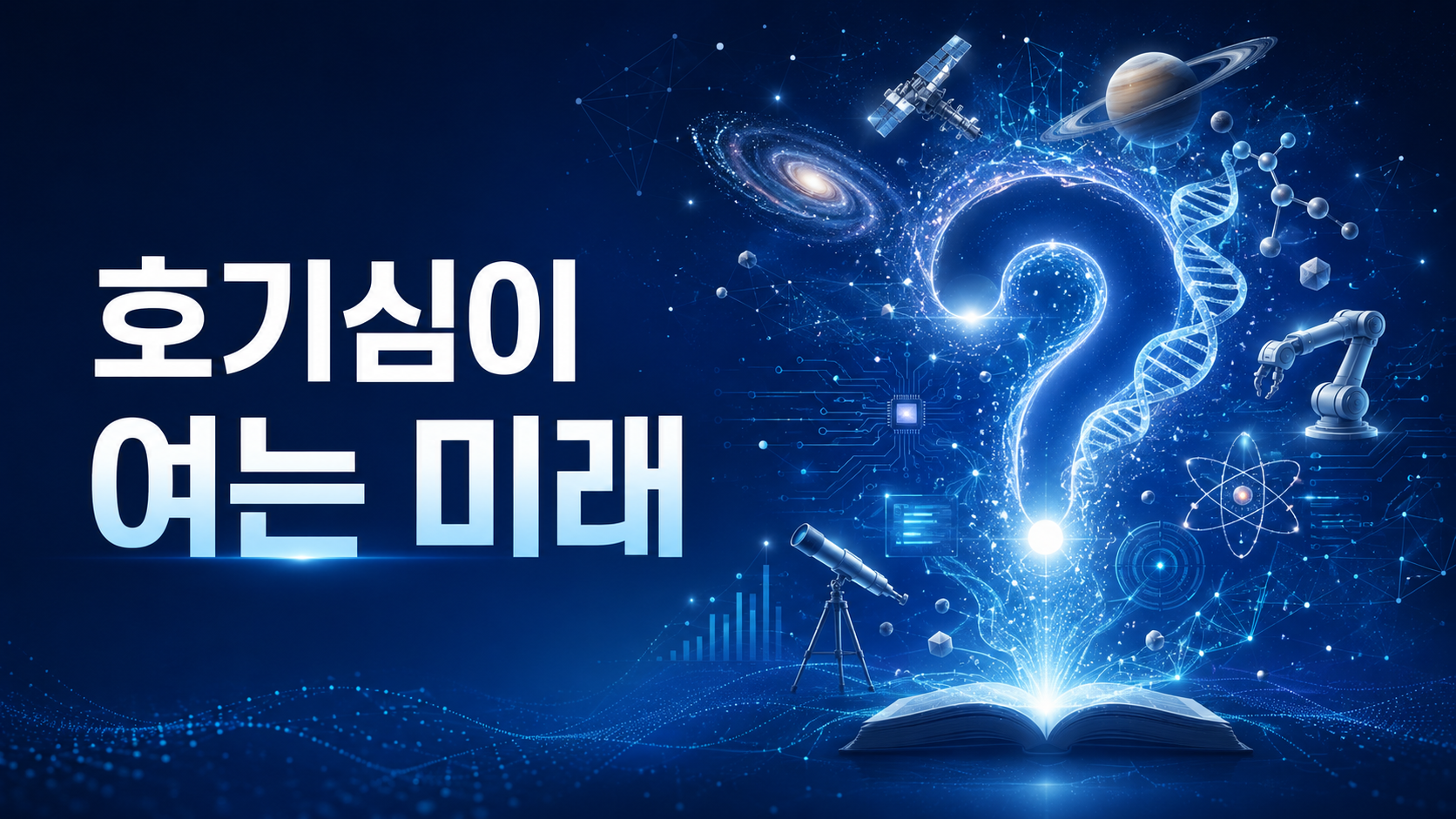 푸른 미래 과학 배경 위에 다양한 과학 상징과 함께 '호기심이 여는 미래'라는 문구가 배치된 대표 이미지