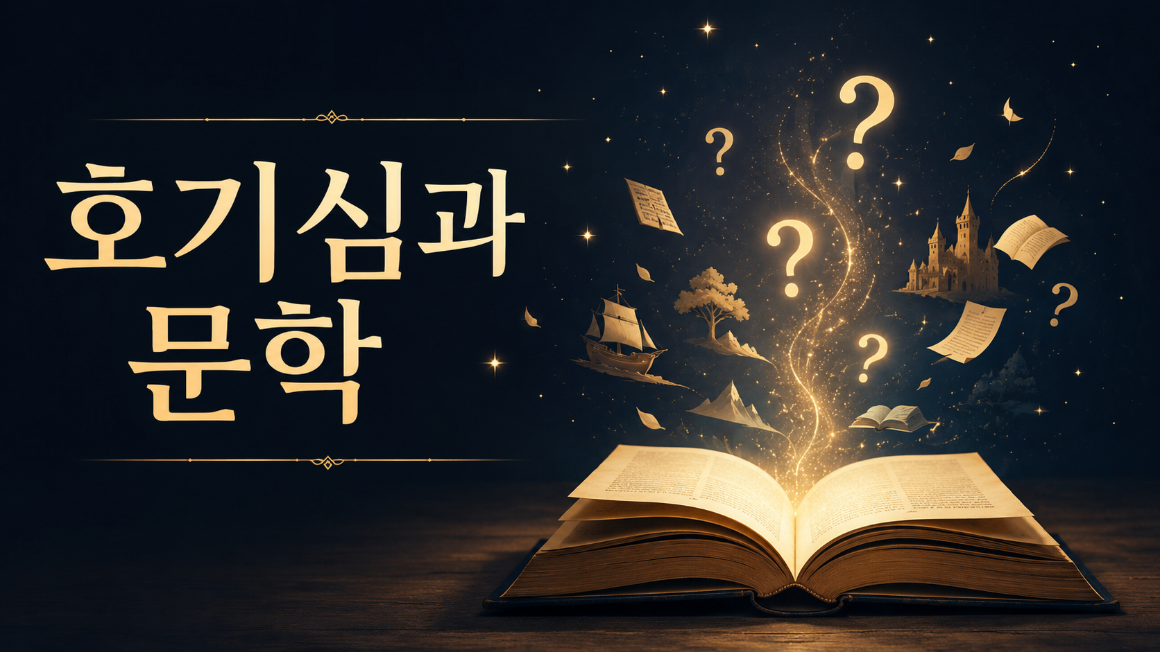 열린 책 위로 물음표와 상상력을 상징하는 빛이 떠오르며 인간의 호기심과 문학의 관계를 표현한 대표 이미지