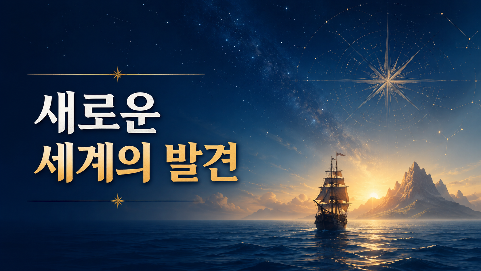 넓은 바다와 하늘을 배경으로 미지의 세계를 향해 나아가는 범선과 함께 인간의 호기심을 상징적으로 표현한 이미지