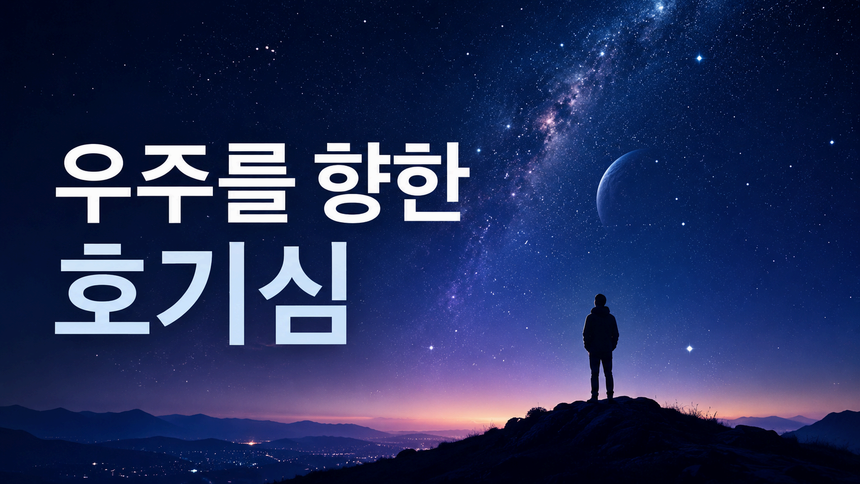 별이 가득한 밤하늘을 바라보는 사람의 실루엣과 우주를 배경으로 한 호기심의 상징적 이미