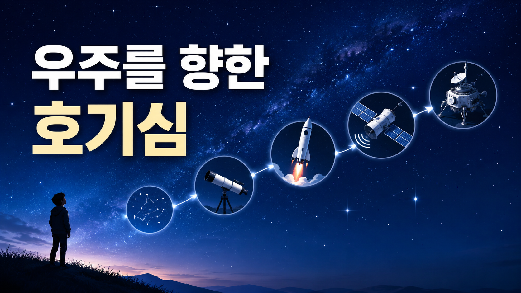 밤하늘을 바라보는 인물의 실루엣과 망원경, 로켓, 인공위성이 연결되어 인간의 호기심이 우주 기술 발전으로 이어지는 과정을 표현한 이미지