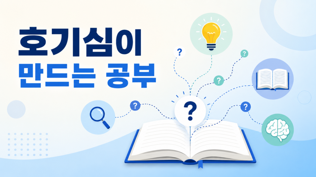 노트에서 시작된 질문이 전구와 책을 상징하는 그래픽으로 연결되어 인간의 호기심과 효과적인 공부 습관의 관계를 표현한 대표 이미지
