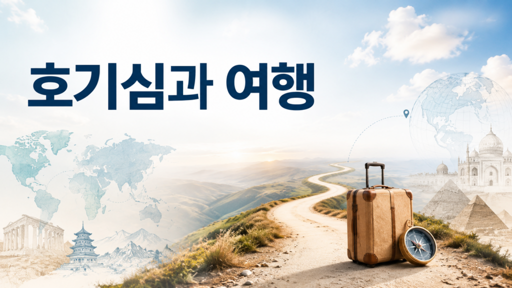 끝없이 이어진 길과 여행 가방, 나침반을 통해 인간의 호기심과 여행 욕구의 관계를 상징적으로 표현한 이미지