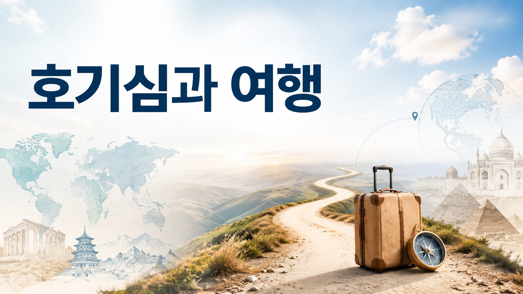 끝없이 이어진 길과 여행 가방, 나침반을 통해 인간의 호기심과 여행 욕구의 관계를 상징적으로 표현한 이미지
